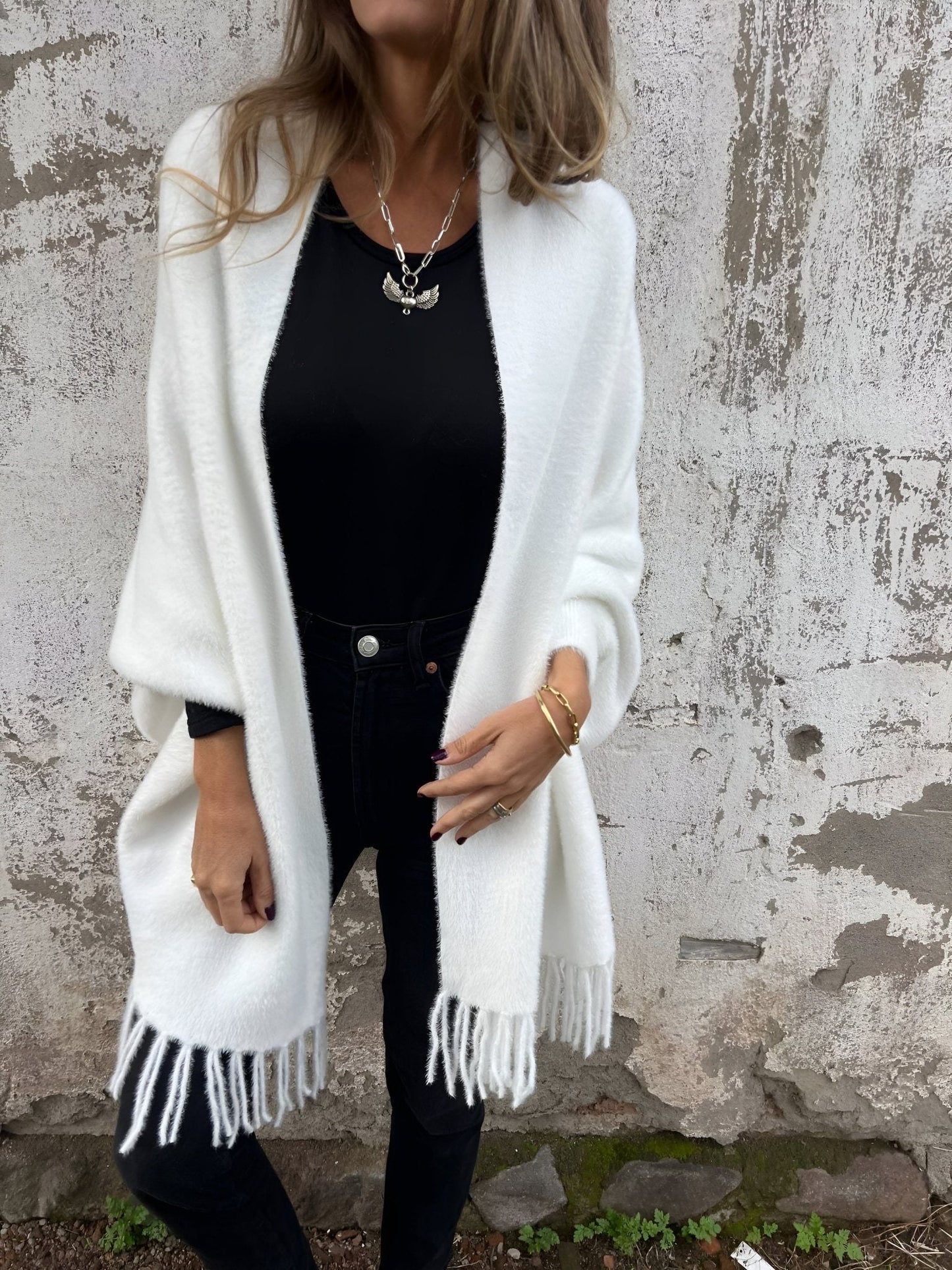 Soft Knit Shawl Cardigan with Fringe | Open-Front Design | Acrylic Blend | Elegant Layer