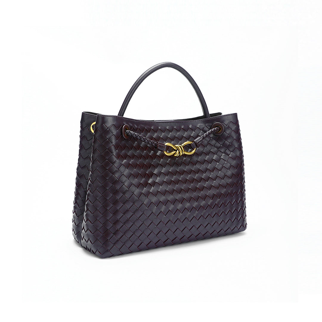 Woven Leather-Look Tote Bag | Gold Knot Detail | Structured Everyday Handbag