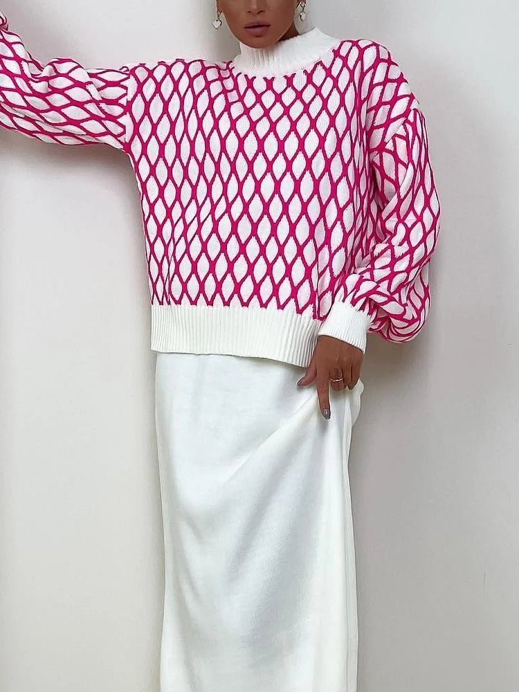 Diamond Pattern Knit Sweater | High Neck | Soft Acrylic Blend | Bold Statement Layer