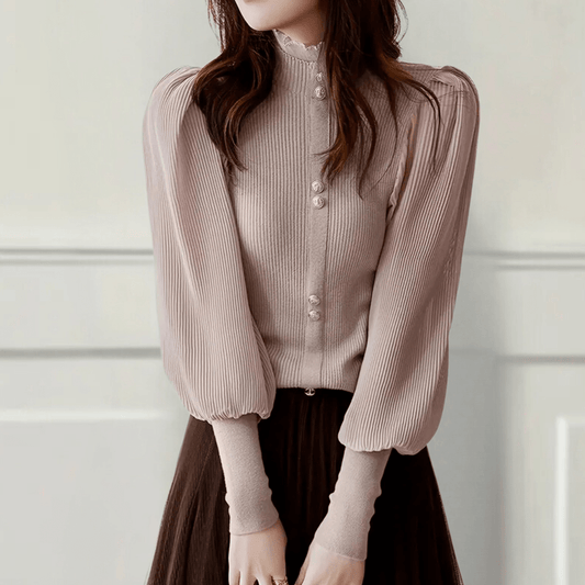 Elegant Puff-Sleeve Blouse | Chic Button Detail | Soft Knit Fabric | Office & Casual