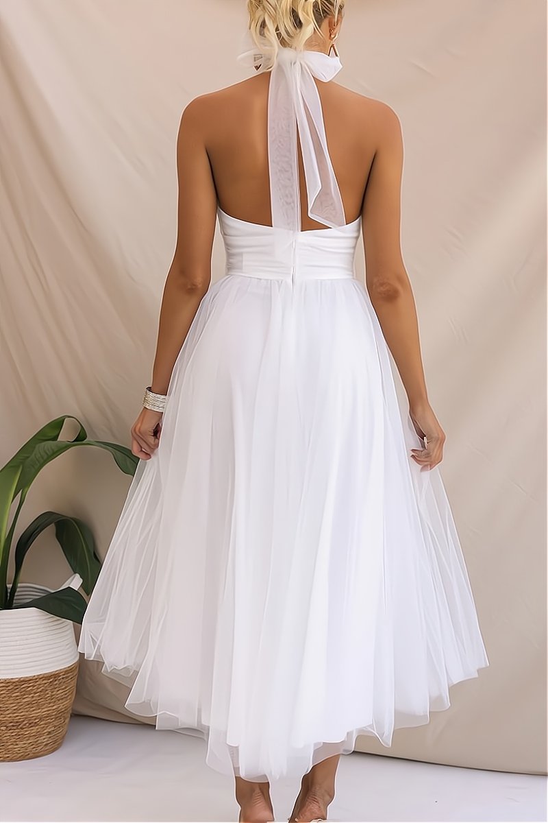 Halter Neck Tulle Midi Dress | Layered A-Line with Sheer Tie Neck | Elegant Occasionwear