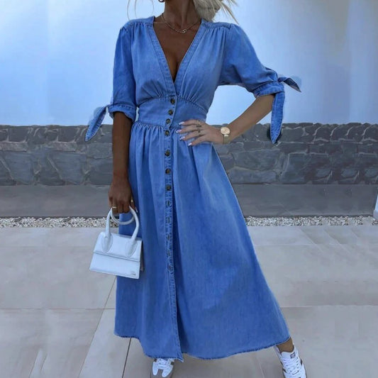 Denim Button-Down Midi Dress | Tie-Sleeve Detail | Flattering A-Line Fit | Casual Chic Style