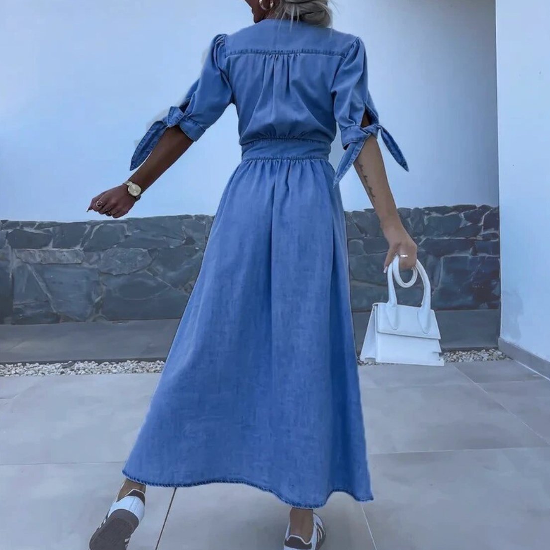 Denim Button-Down Midi Dress | Tie-Sleeve Detail | Flattering A-Line Fit | Casual Chic Style
