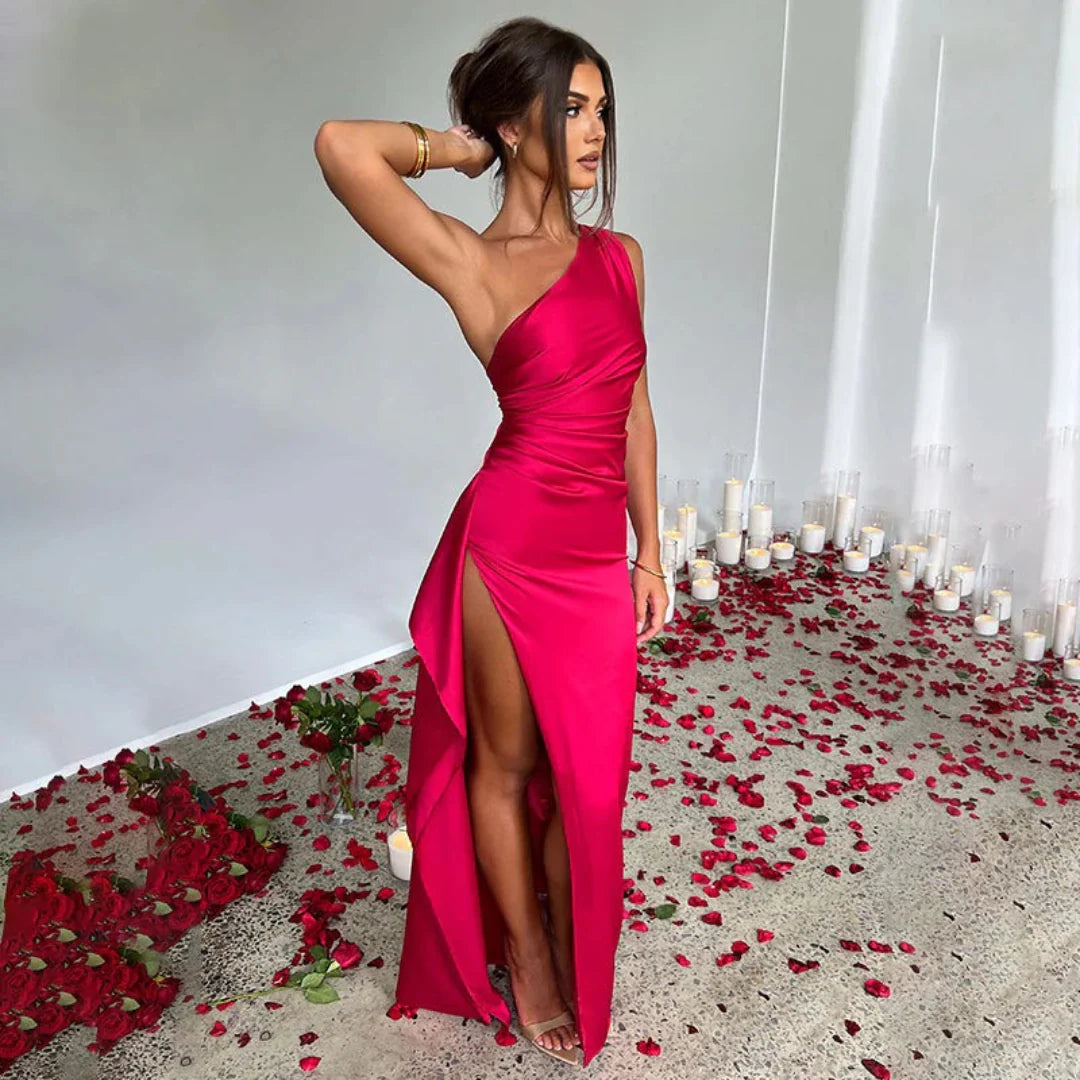 Satin One-Shoulder Gown | Thigh-High Slit & Ruched Waist | Elegant Formal Silhouette