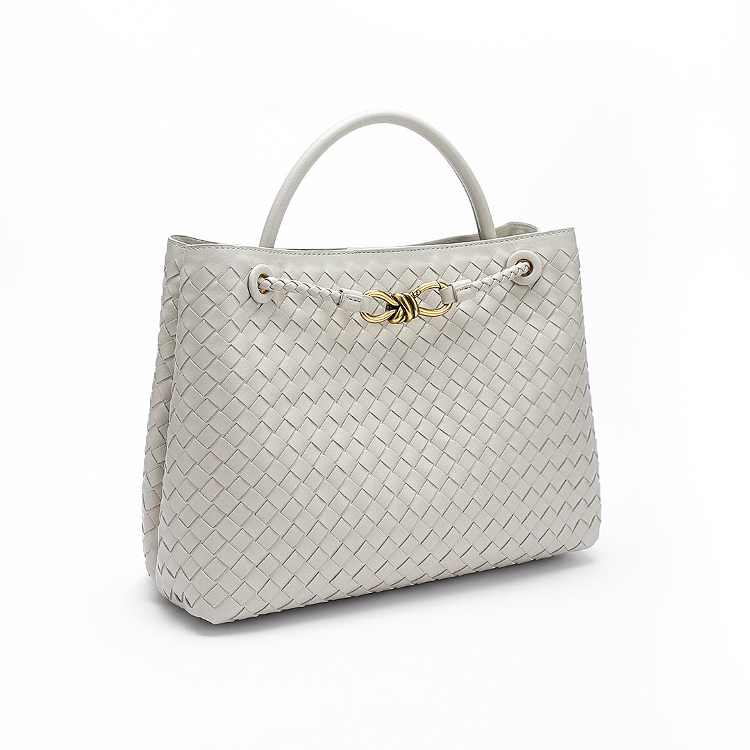 Woven Leather-Look Tote Bag | Gold Knot Detail | Structured Everyday Handbag