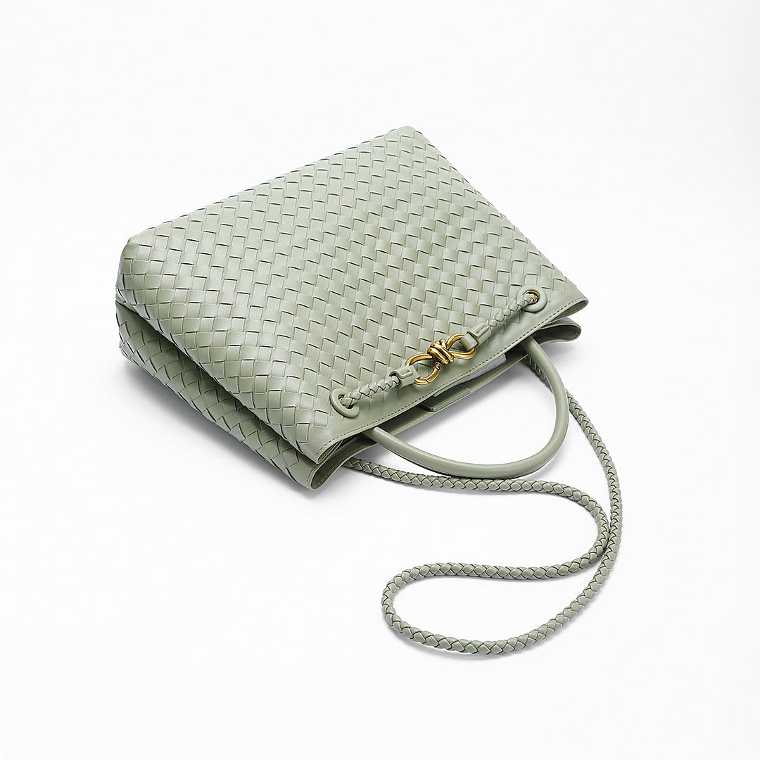 Woven Leather-Look Tote Bag | Gold Knot Detail | Structured Everyday Handbag