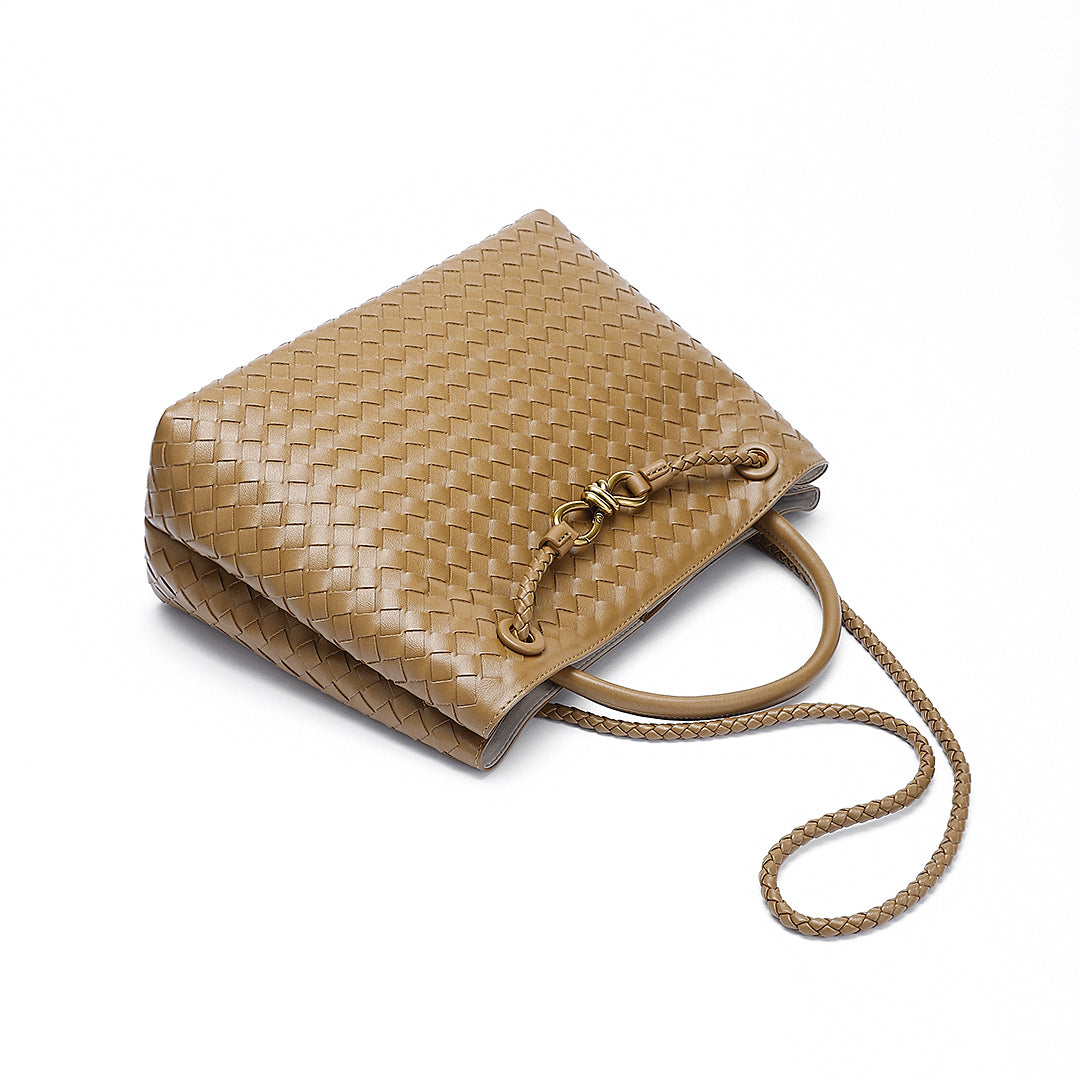 Woven Leather-Look Tote Bag | Gold Knot Detail | Structured Everyday Handbag