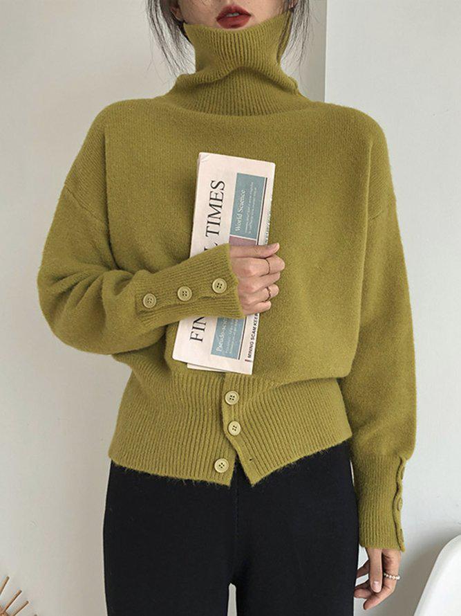 Asymmetrical Turtleneck Knit Sweater | Button Detail | Soft Acrylic Blend | Contemporary Chic