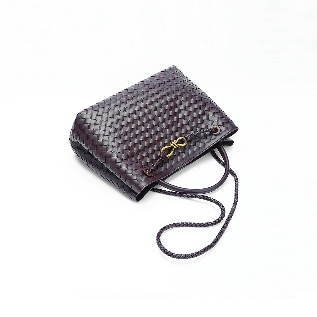 Woven Leather-Look Tote Bag | Gold Knot Detail | Structured Everyday Handbag
