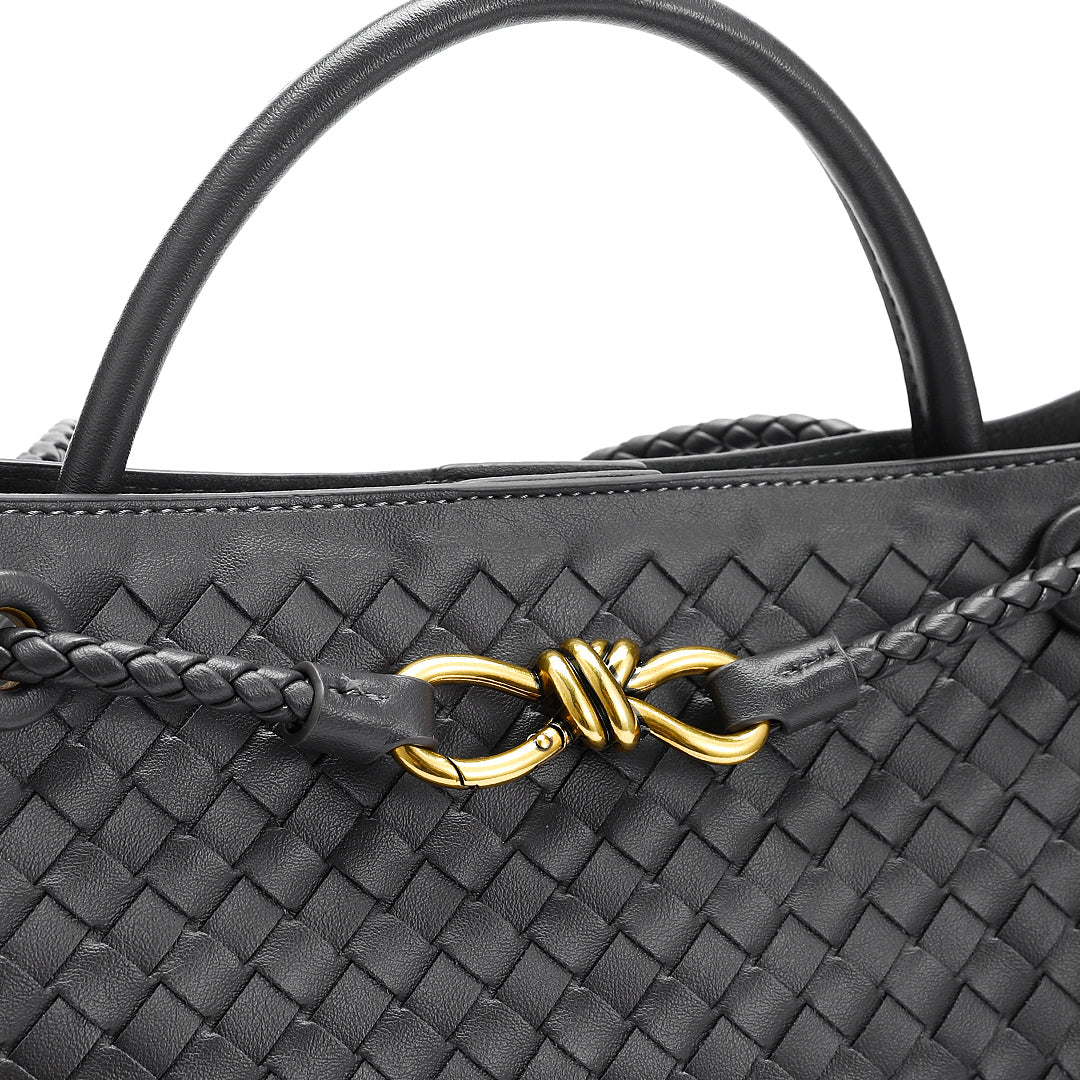Woven Leather-Look Tote Bag | Gold Knot Detail | Structured Everyday Handbag