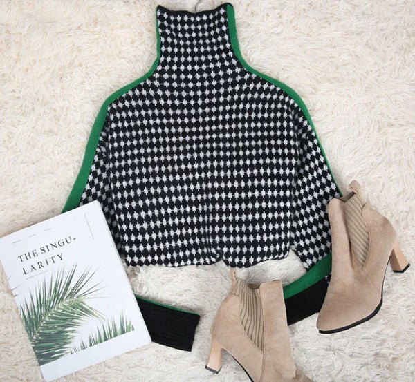 Houndstooth Turtleneck Knit Sweater | Bold Contrast Design | Soft Acrylic Blend | Modern Chic