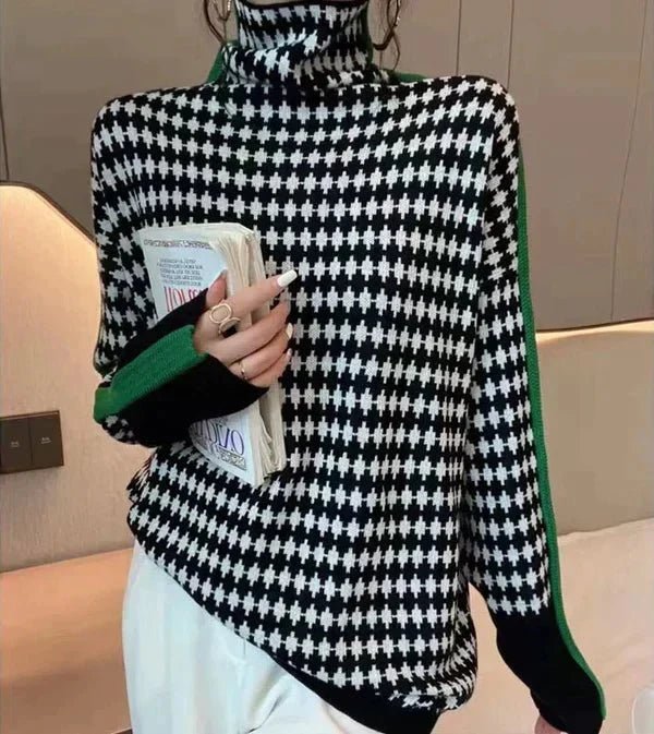 Houndstooth Turtleneck Knit Sweater | Bold Contrast Design | Soft Acrylic Blend | Modern Chic