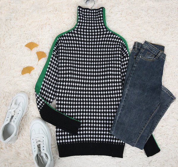 Houndstooth Turtleneck Knit Sweater | Bold Contrast Design | Soft Acrylic Blend | Modern Chic
