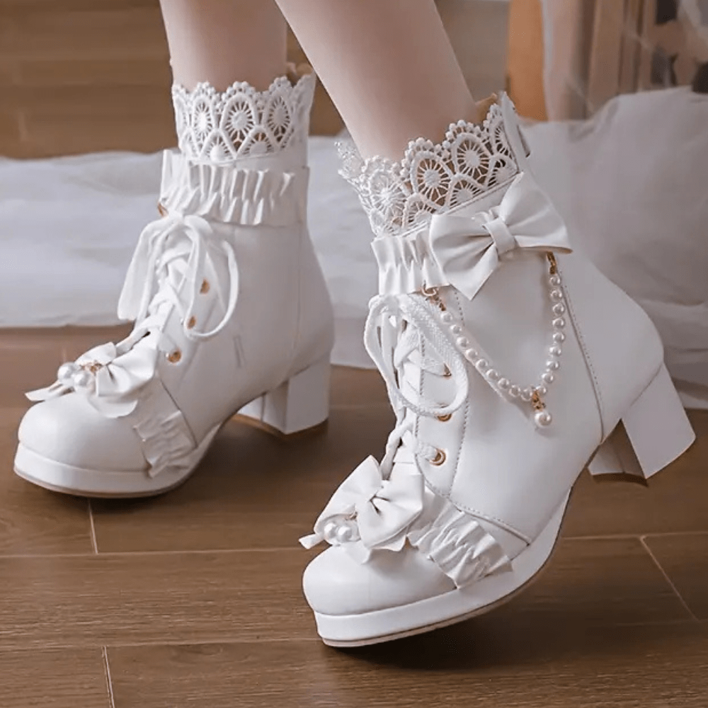 Vintage Lolita Ankle Boots | Lace Trim & Bow Details | Elegant Cosplay & Formal Wear
