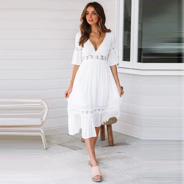 Lace Panel Midi Dress | Deep V-Neckline | Flowy Tiered Hem