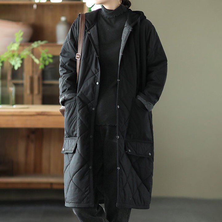 Quilted Hooded Long Coat | Lightweight Warmth | Relaxed Fit | Casual Outerwear