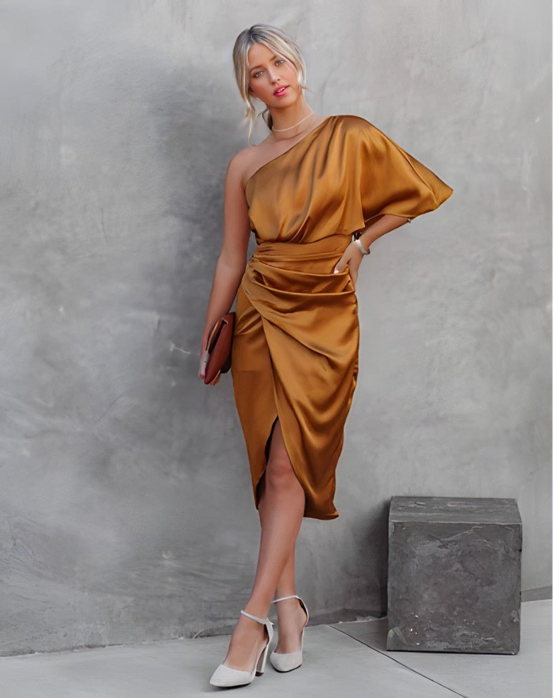 One-Shoulder Satin Midi Dress | Draped Fit | Evening Cocktail Look