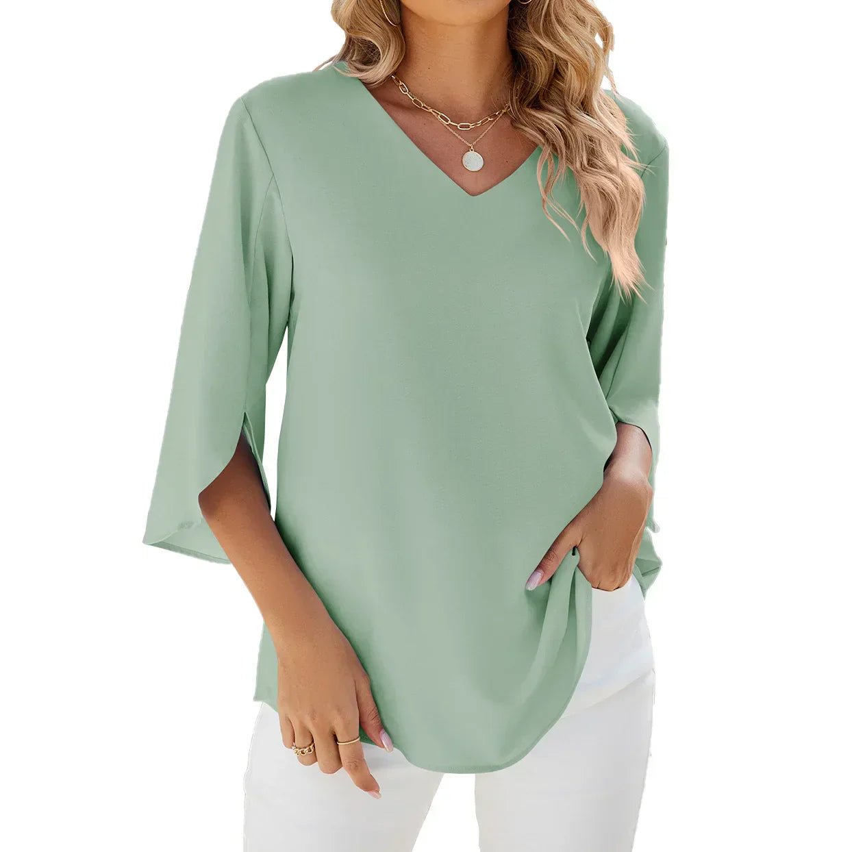V-Neck Relaxed Blouse | Everyday Stretch Top with ¾ Sleeves