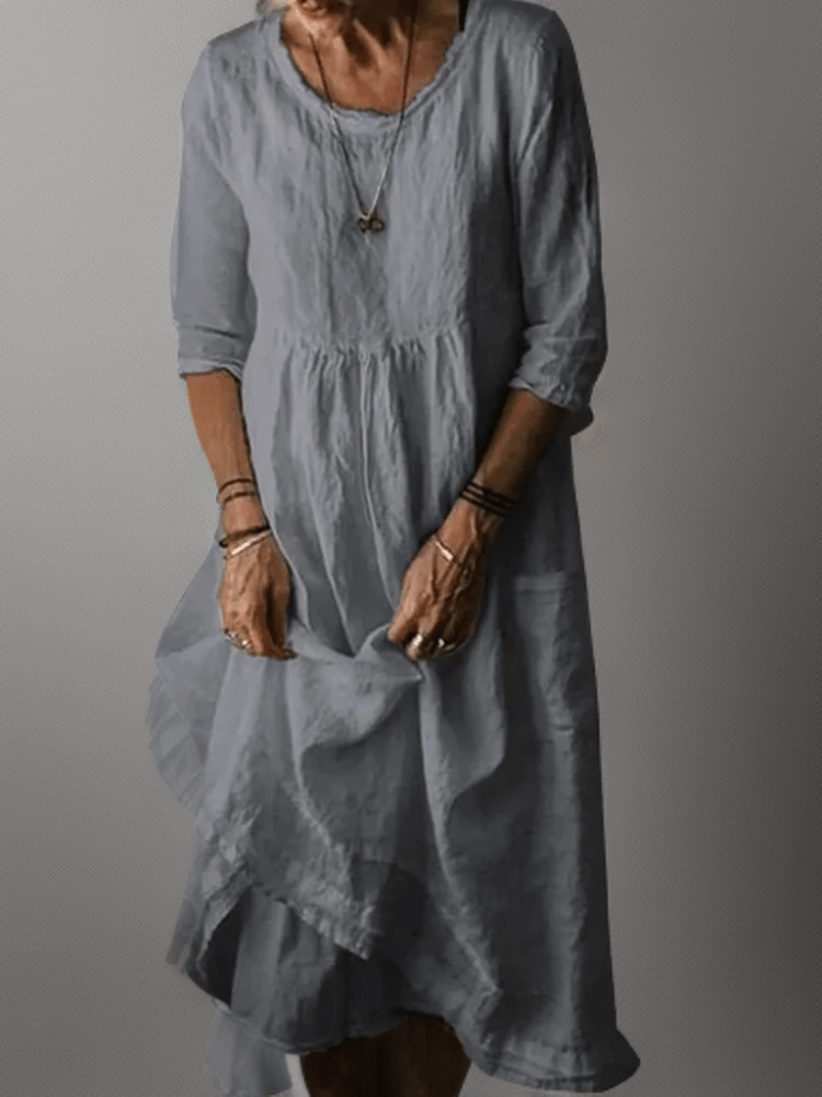 Relaxed Linen-Blend Midi Dress | Layered Hem with 3/4 Sleeves and Soft Drape