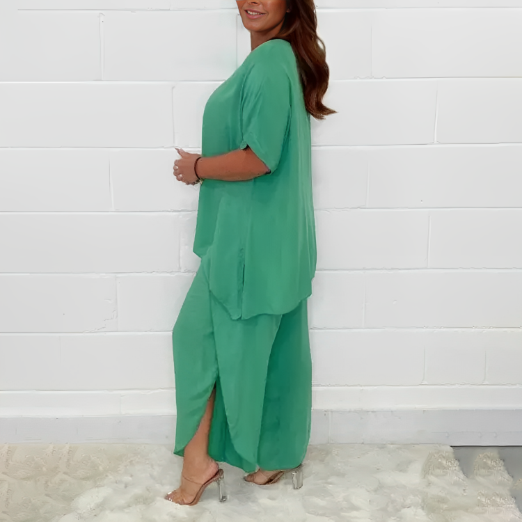 Relaxed Fit Two-Piece Set | Linen-Blend | Wide-Leg Pants and Tunic Top