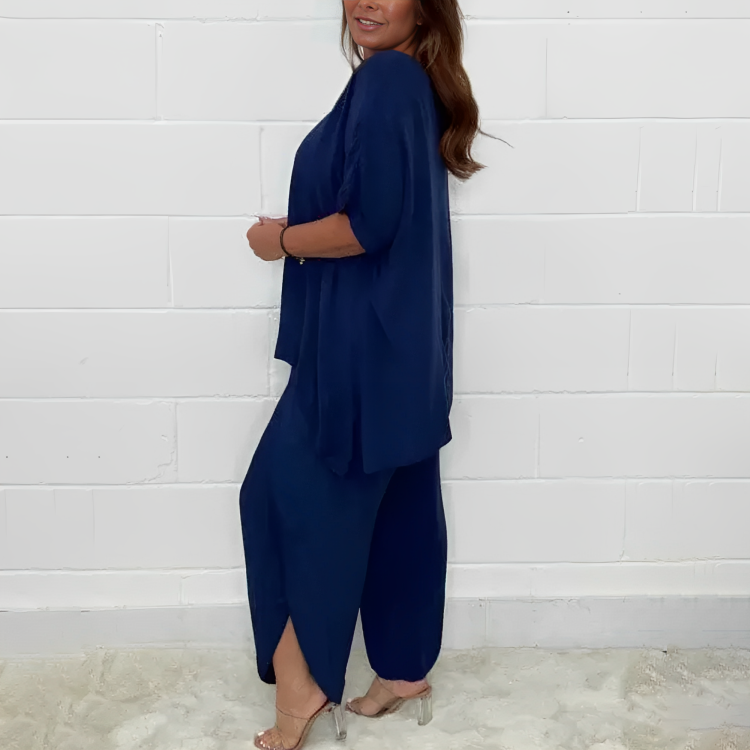 Relaxed Fit Two-Piece Set | Linen-Blend | Wide-Leg Pants and Tunic Top