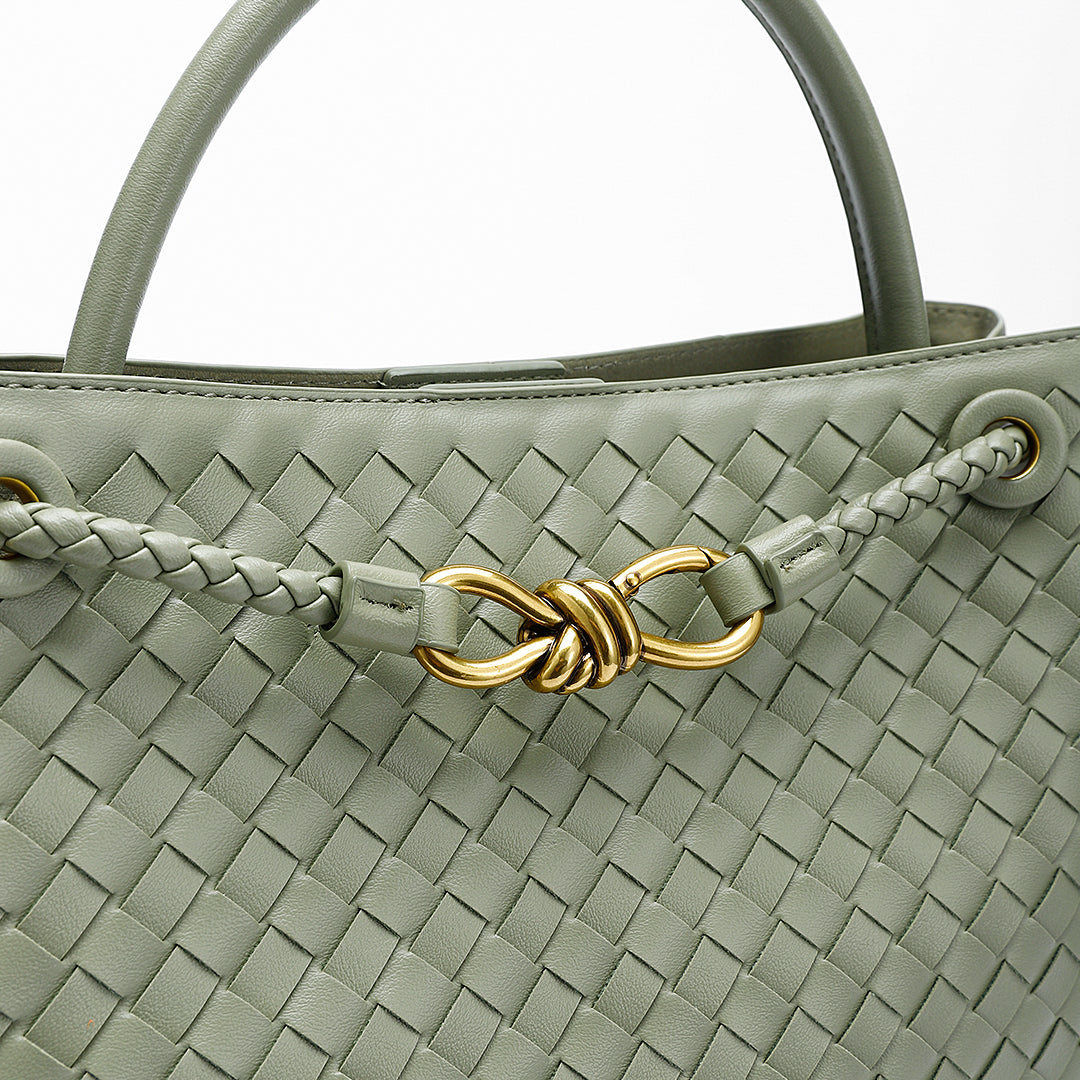 Woven Leather-Look Tote Bag | Gold Knot Detail | Structured Everyday Handbag