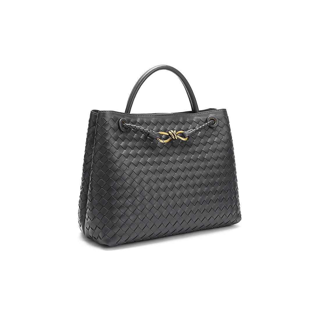 Woven Leather-Look Tote Bag | Gold Knot Detail | Structured Everyday Handbag