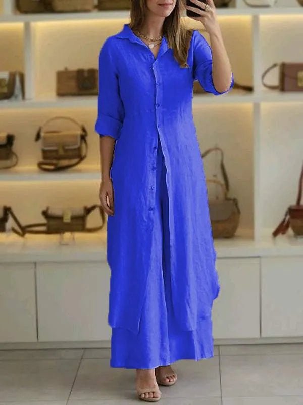 Linen-Blend Button-Front Set | Flowy Shirt Dress & Wide-Leg Pants Combo