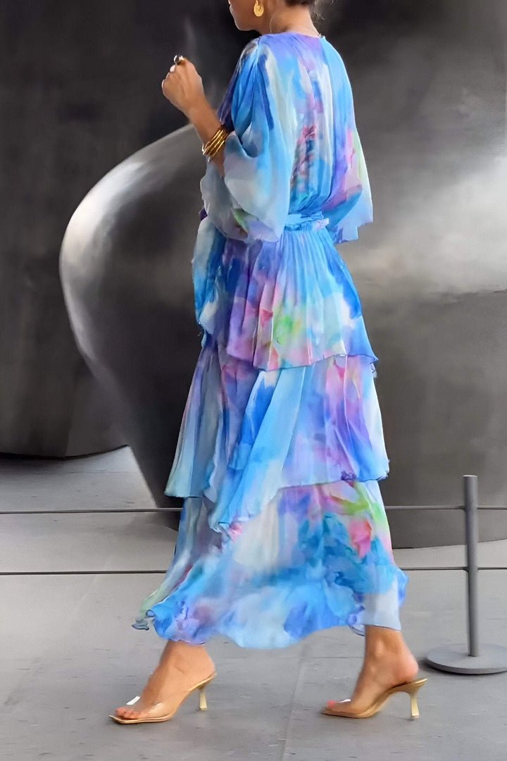 Watercolour Tiered Maxi Dress | Chiffon Layers | Self-Tie Waist