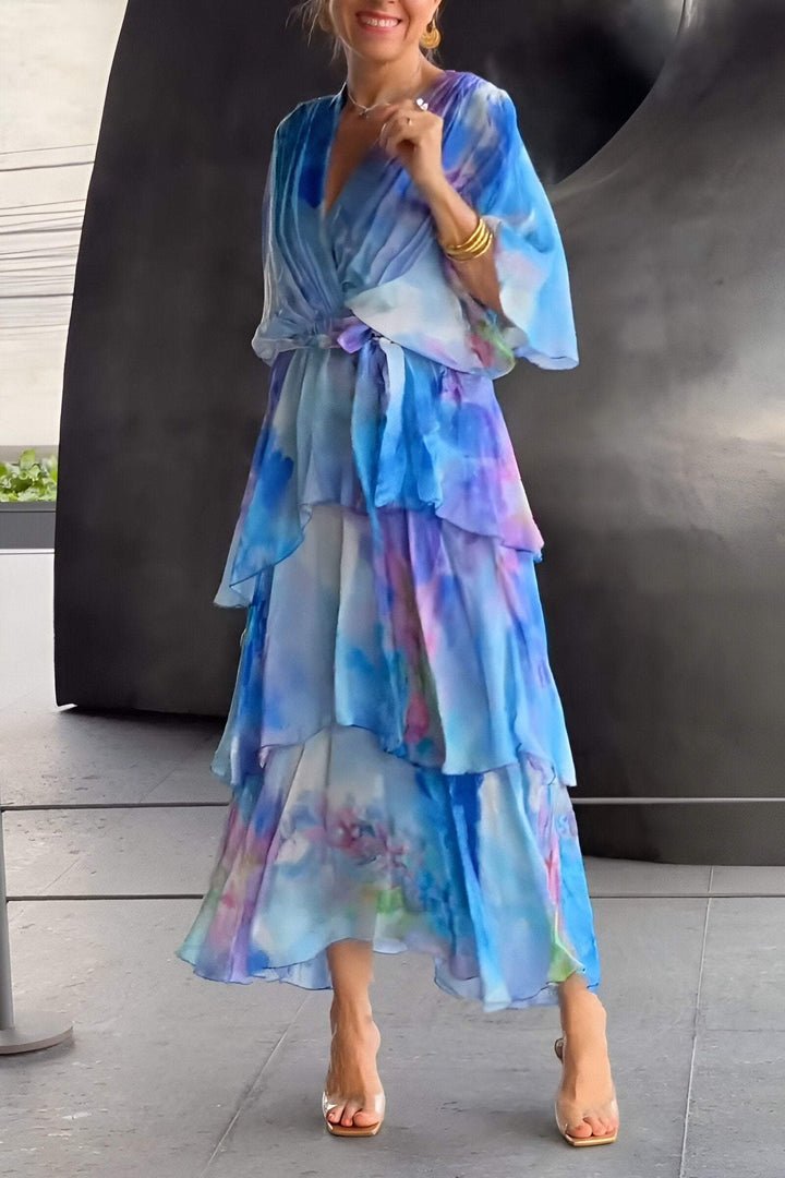 Watercolour Tiered Maxi Dress | Chiffon Layers | Self-Tie Waist