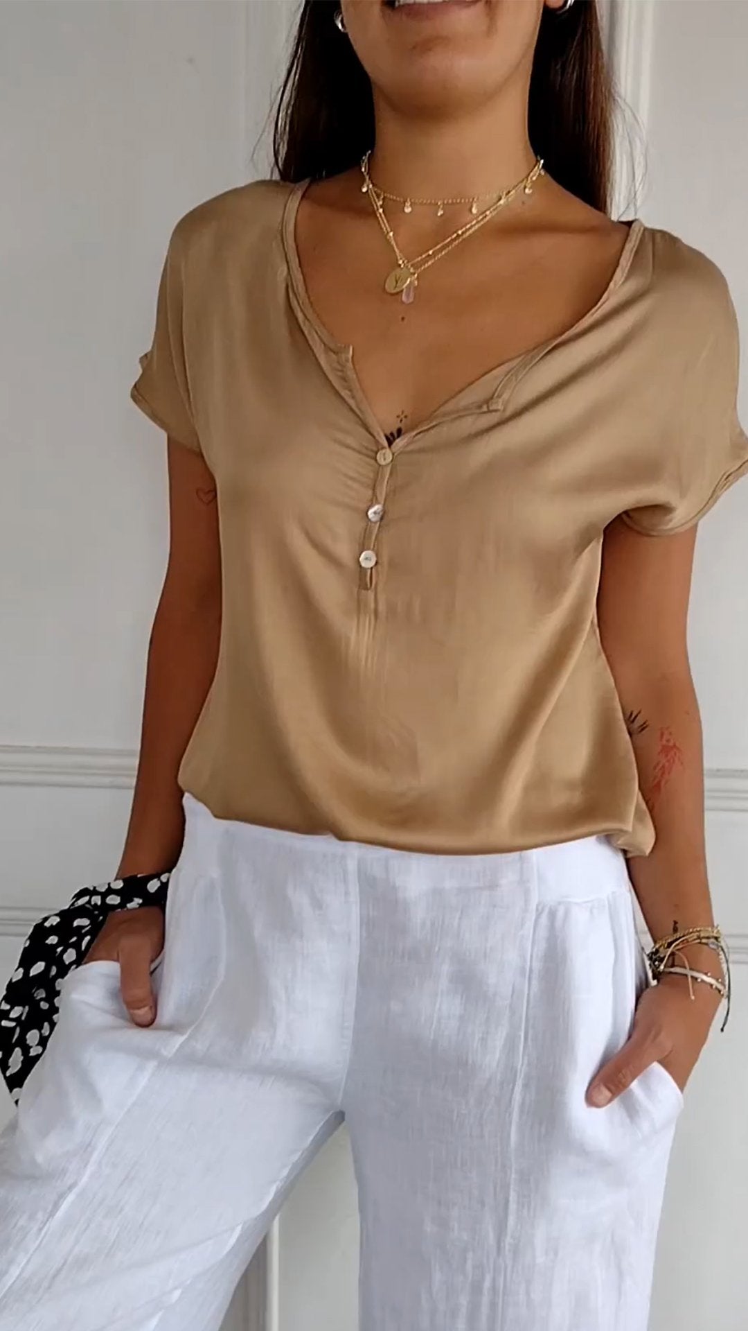 Soft Button-Front Blouse | Relaxed Fit V-Neck | Lightweight Summer Top