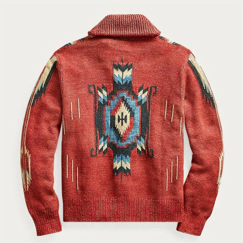 Men’s Vintage Knit Cardigan | Southwestern Button-Up Sweater | Warm Shawl Collar Layer