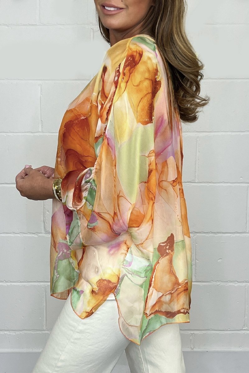 Women's Watercolour Print Chiffon Blouse | Lightweight Button-Down | Relaxed Fit Top