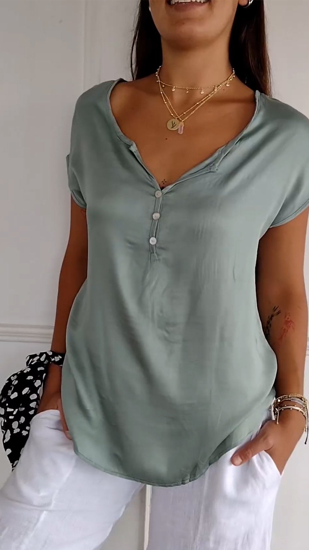 Soft Button-Front Blouse | Relaxed Fit V-Neck | Lightweight Summer Top