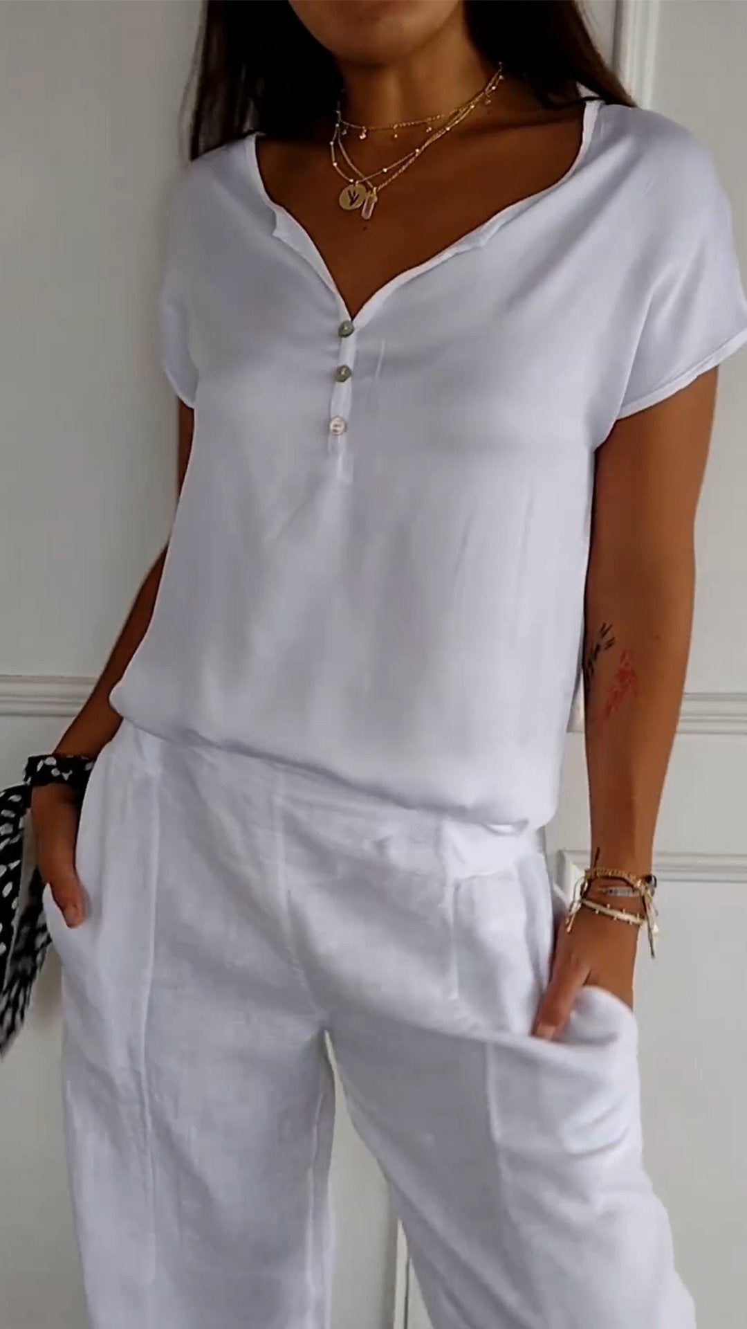 Soft Button-Front Blouse | Relaxed Fit V-Neck | Lightweight Summer Top