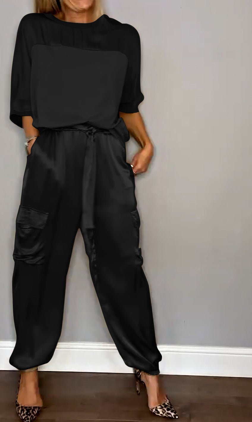 Satin Lounge Set | Short-Sleeve Top & Jogger Pants | Relaxed Shine Finish