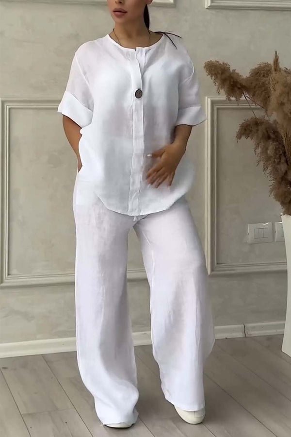 Relaxed Linen-Blend Set | Long-Sleeve Button Tunic and Wide-Leg Pants