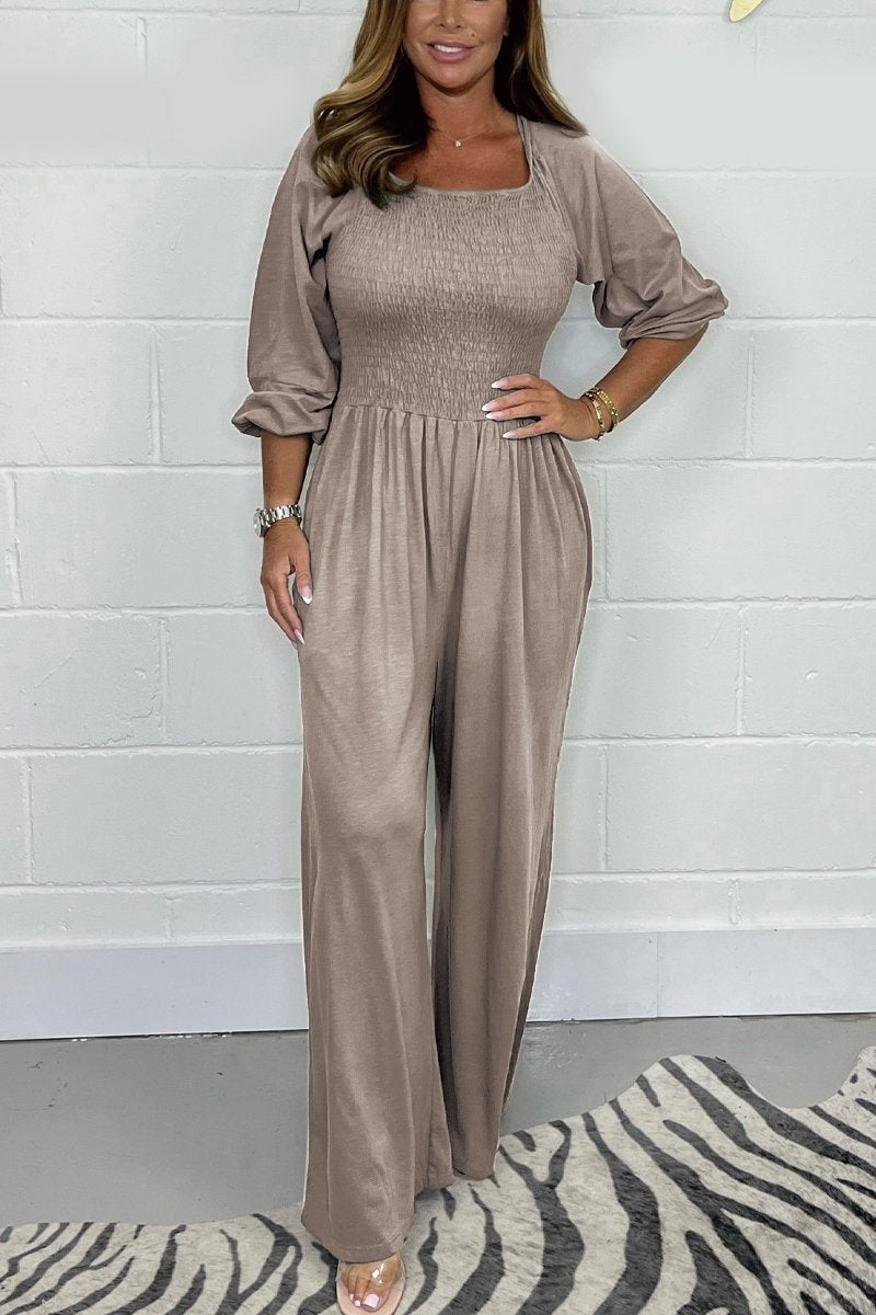 Smocked Waist Wide-Leg Jumpsuit | Lightweight Knit with Balloon Sleeves