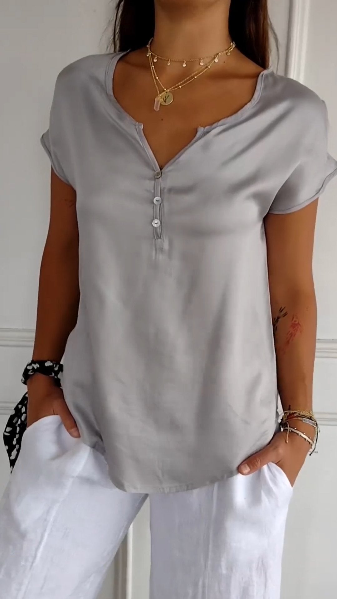 Soft Button-Front Blouse | Relaxed Fit V-Neck | Lightweight Summer Top