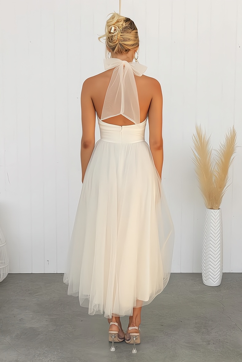 Halter Neck Tulle Midi Dress | Layered A-Line with Sheer Tie Neck | Elegant Occasionwear