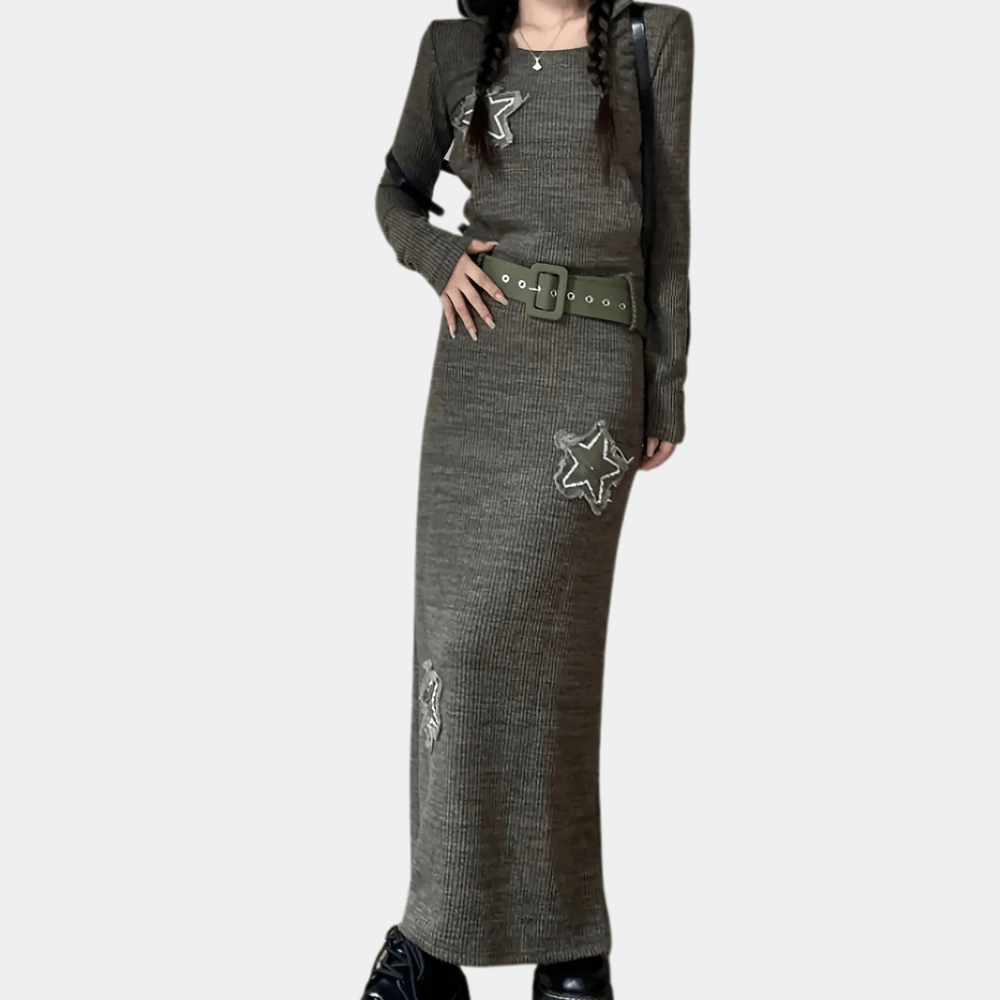 Long-Sleeve Knit Maxi Dress | Star Appliqué Detail | Slim-Fit Chic
