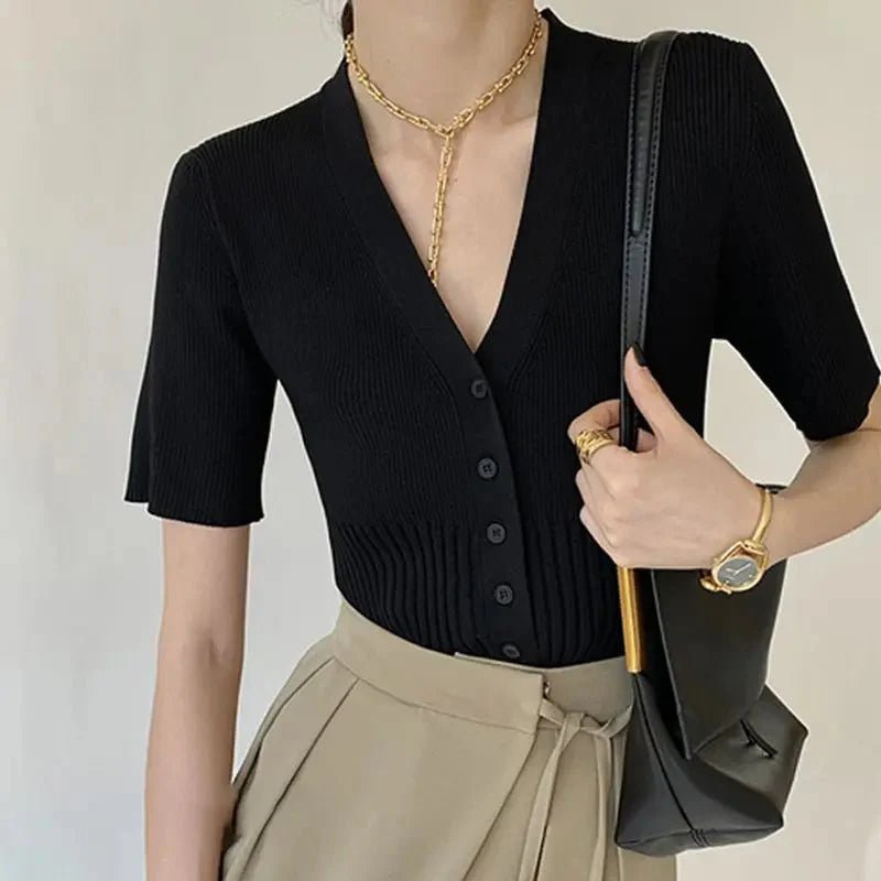 Short-Sleeve Ribbed Button-Up Cardigan | Slim Fit | Soft Knit Fabric | Chic Layering Essential