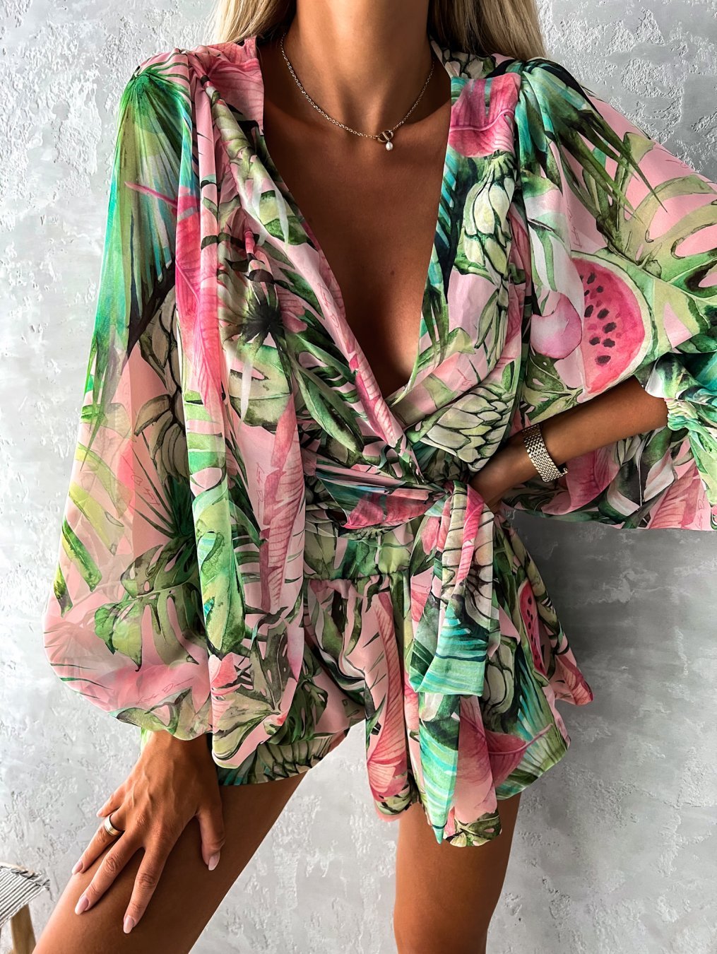 Tropical Print Romper | Wrap-Style Top | Elastic Waist Shorts
