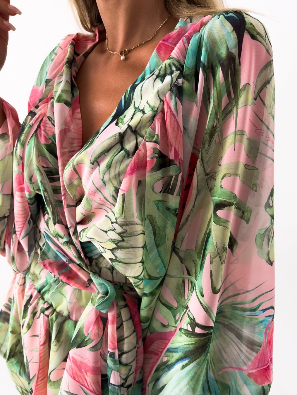 Tropical Print Romper | Wrap-Style Top | Elastic Waist Shorts