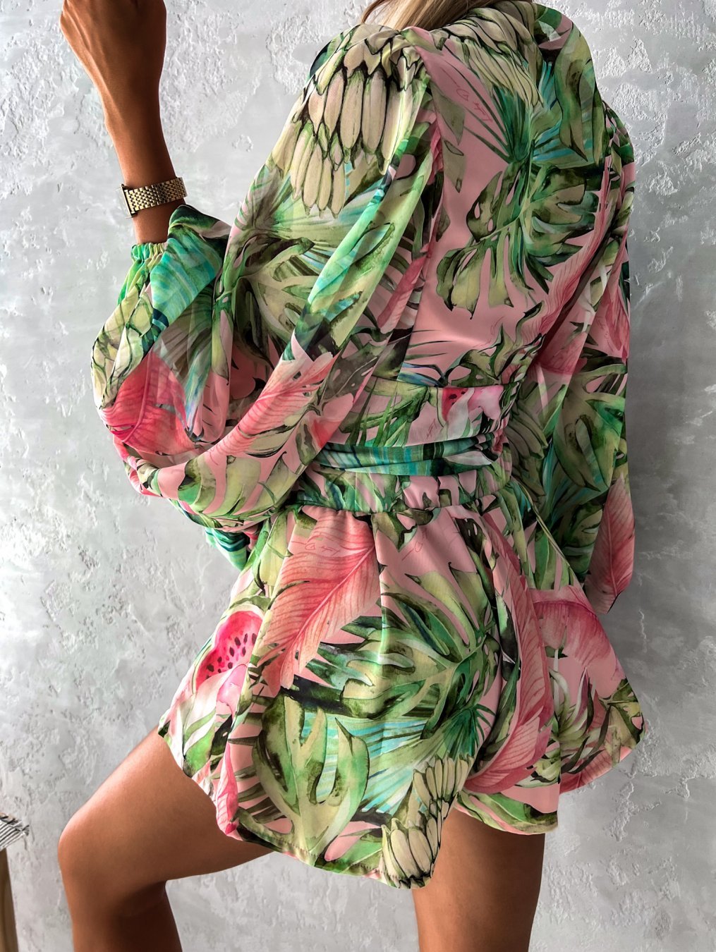 Tropical Print Romper | Wrap-Style Top | Elastic Waist Shorts