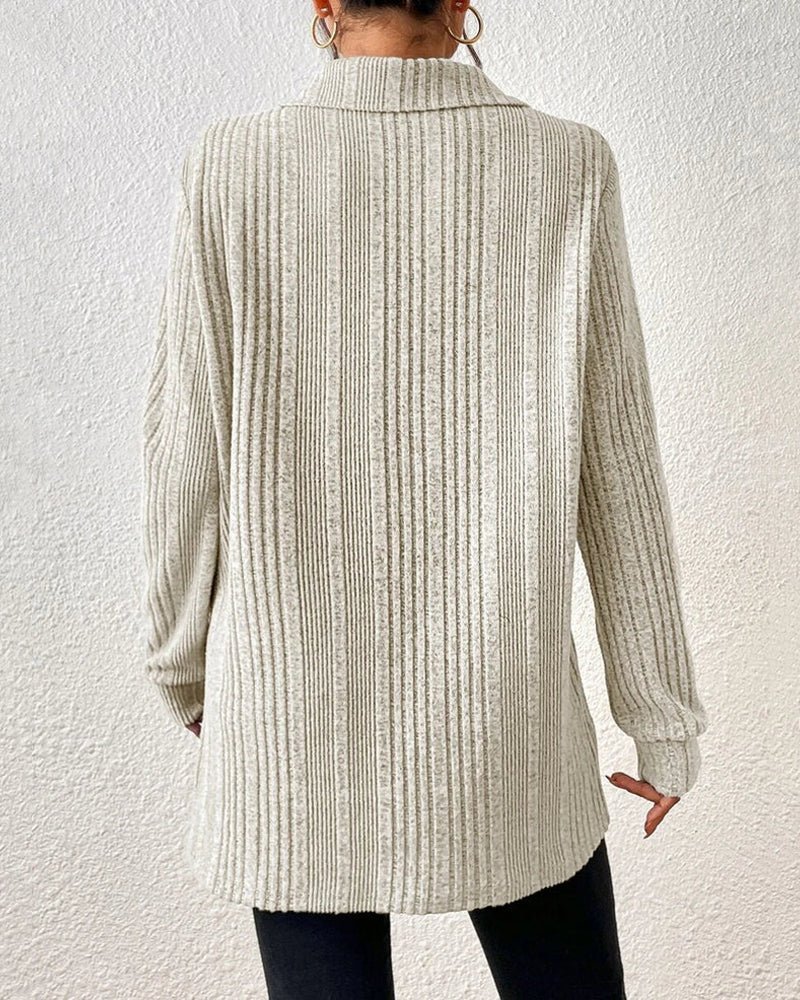 Oversized Ribbed Knit Tunic Sweater | Collared V-Neck | Soft Acrylic Blend | Casual Chic