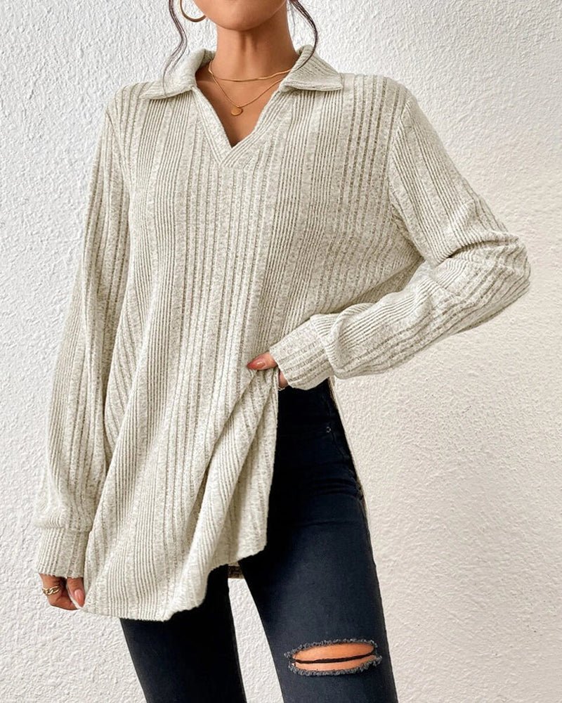 Oversized Ribbed Knit Tunic Sweater | Collared V-Neck | Soft Acrylic Blend | Casual Chic