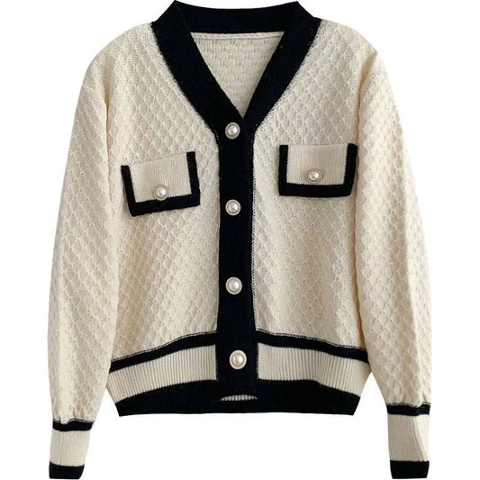Contrast Trim Knit Cardigan | Button-Up Design | Soft Acrylic Blend | Elegant Everyday Layer
