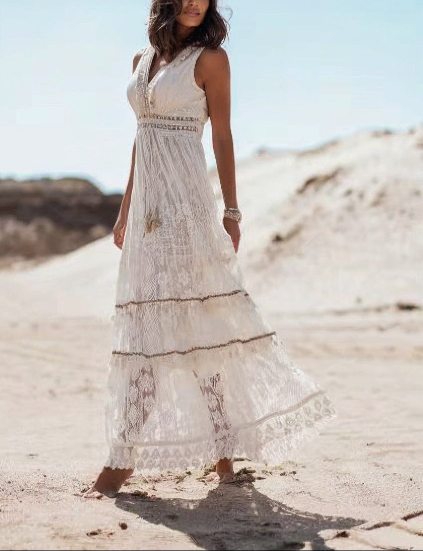 Boho Lace Maxi Dress | Sleeveless V-Neck | Lightweight Fabric | Summer Elegance