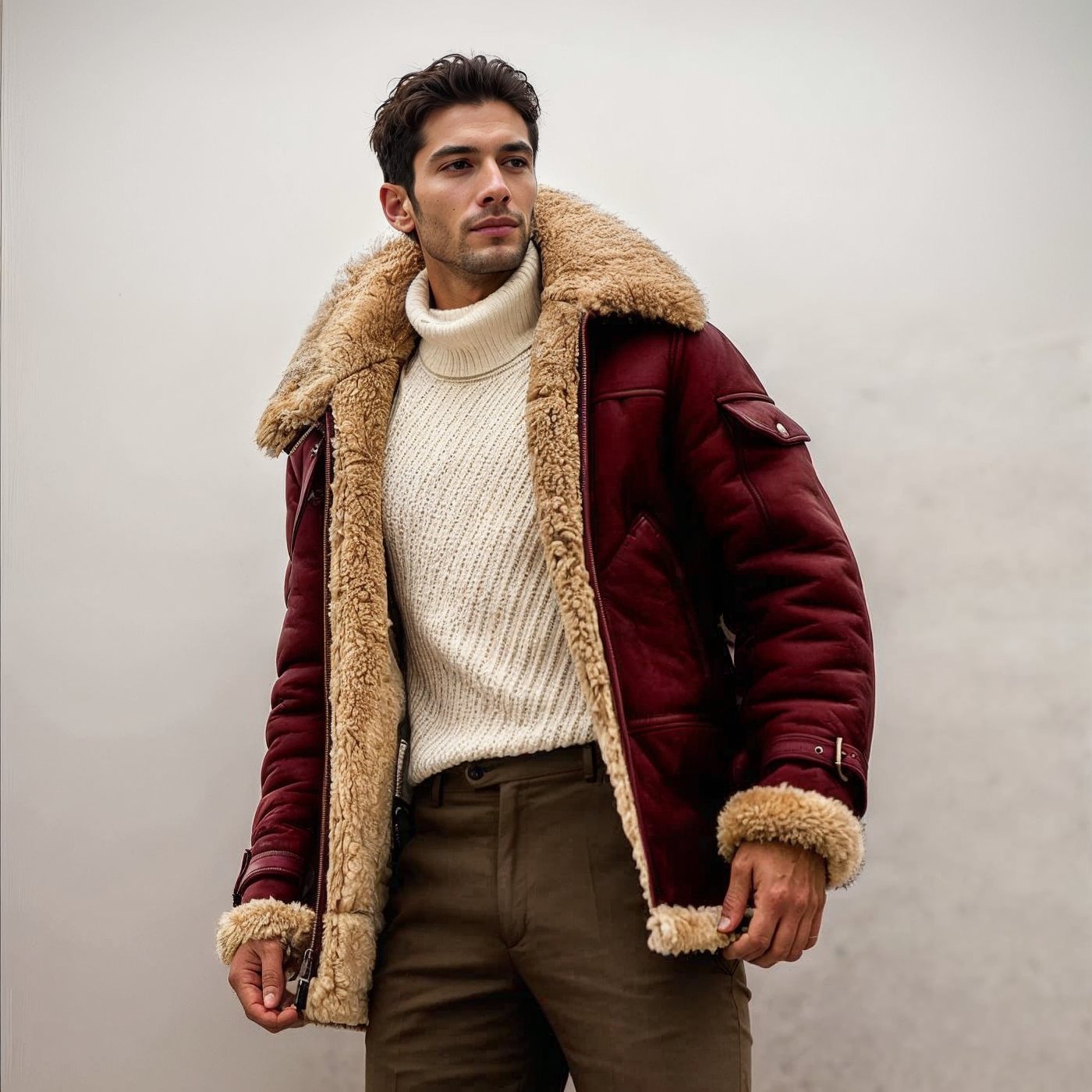Men's Shearling Aviator Jacket | Luxurious Faux Fur Collar | Winter Outerwear